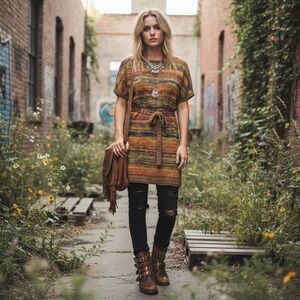 LOVE ROCKS Multi Stripe Knit Sweater Dress S Retro 70s Boho Grunge Festival